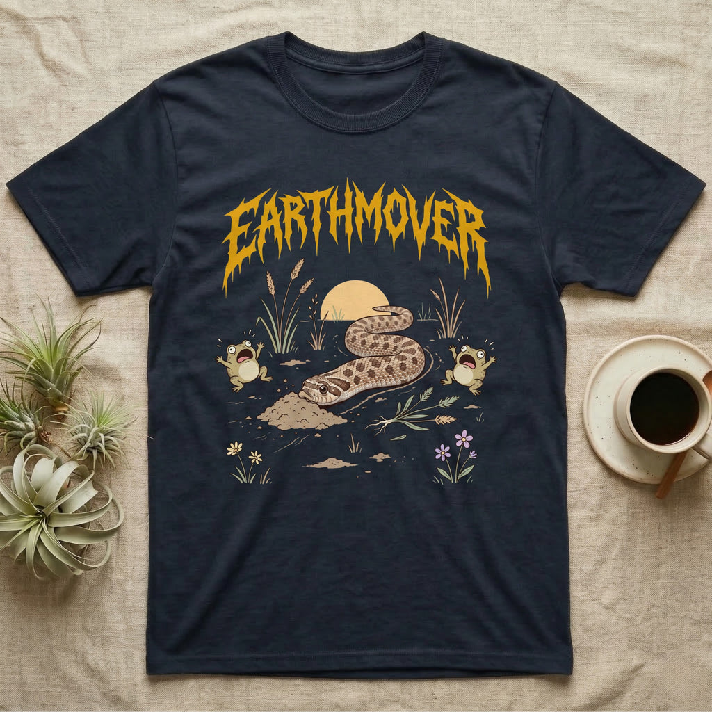 Western Hognose Earthmover T-Shirt in Navy — Western hognose snake bulldozing a mound of dirt as two frogs scream, under dripping EARTHMOVER lettering with a low sun and wildflowers.
