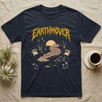Western Hognose Earthmover T-Shirt in Navy — Western hognose snake bulldozing a mound of dirt as two frogs scream, under dripping EARTHMOVER lettering with a low sun and wildflowers.