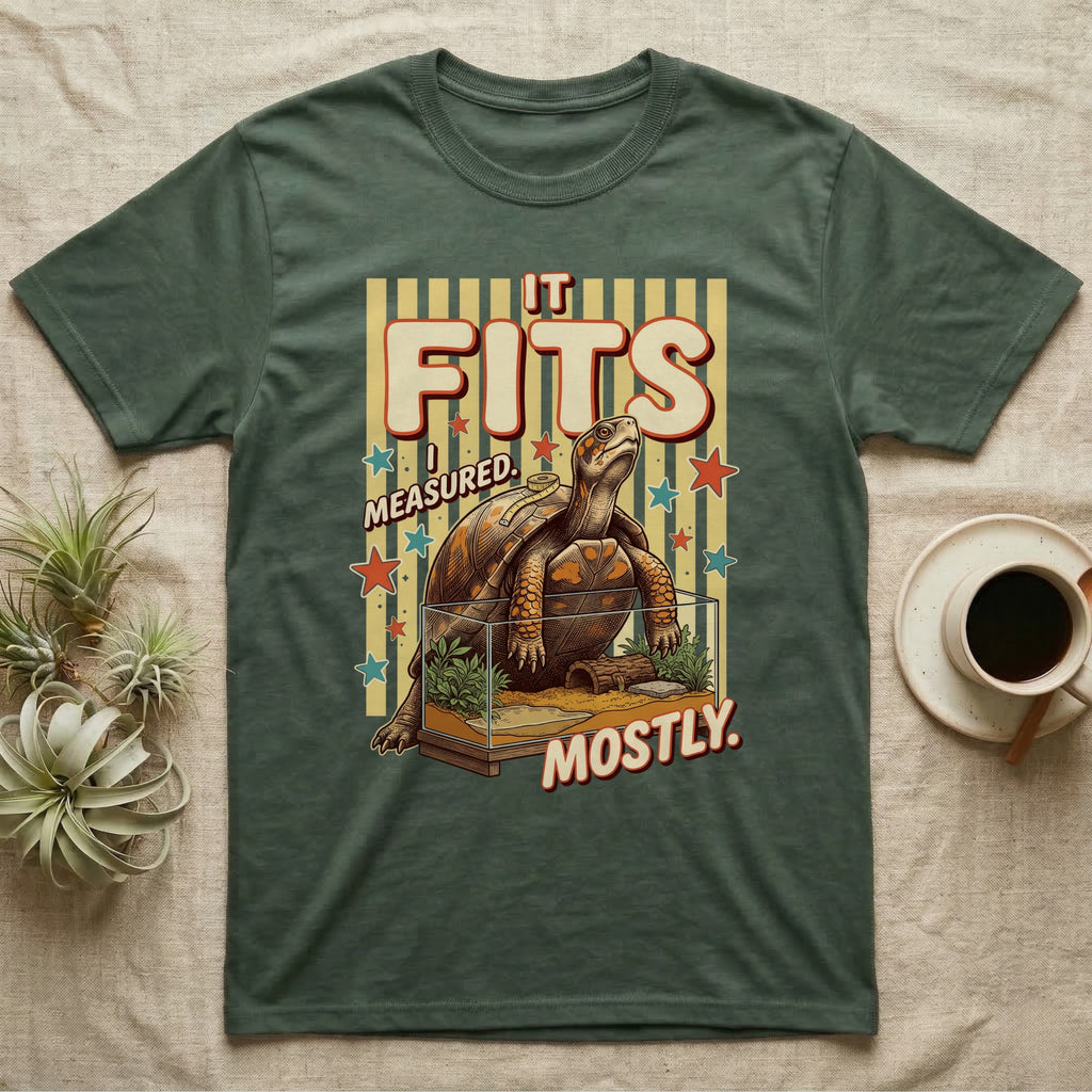 Box Turtle Enclosure Upgrade T-Shirt in Military Green — Engraved box turtle sitting beside a huge planted glass terrarium under fat IT FITS club lettering.