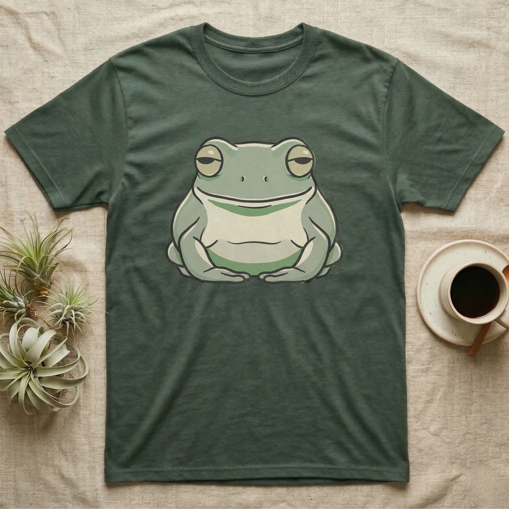 Tree Frog Deadpan T-Shirt in Military Green — Bold vector portrait of a White's tree frog with a flat deadpan expression and a naturally smiling mouth line.