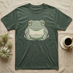 Tree Frog Deadpan T-Shirt in Military Green — Bold vector portrait of a White's tree frog with a flat deadpan expression and a naturally smiling mouth line.