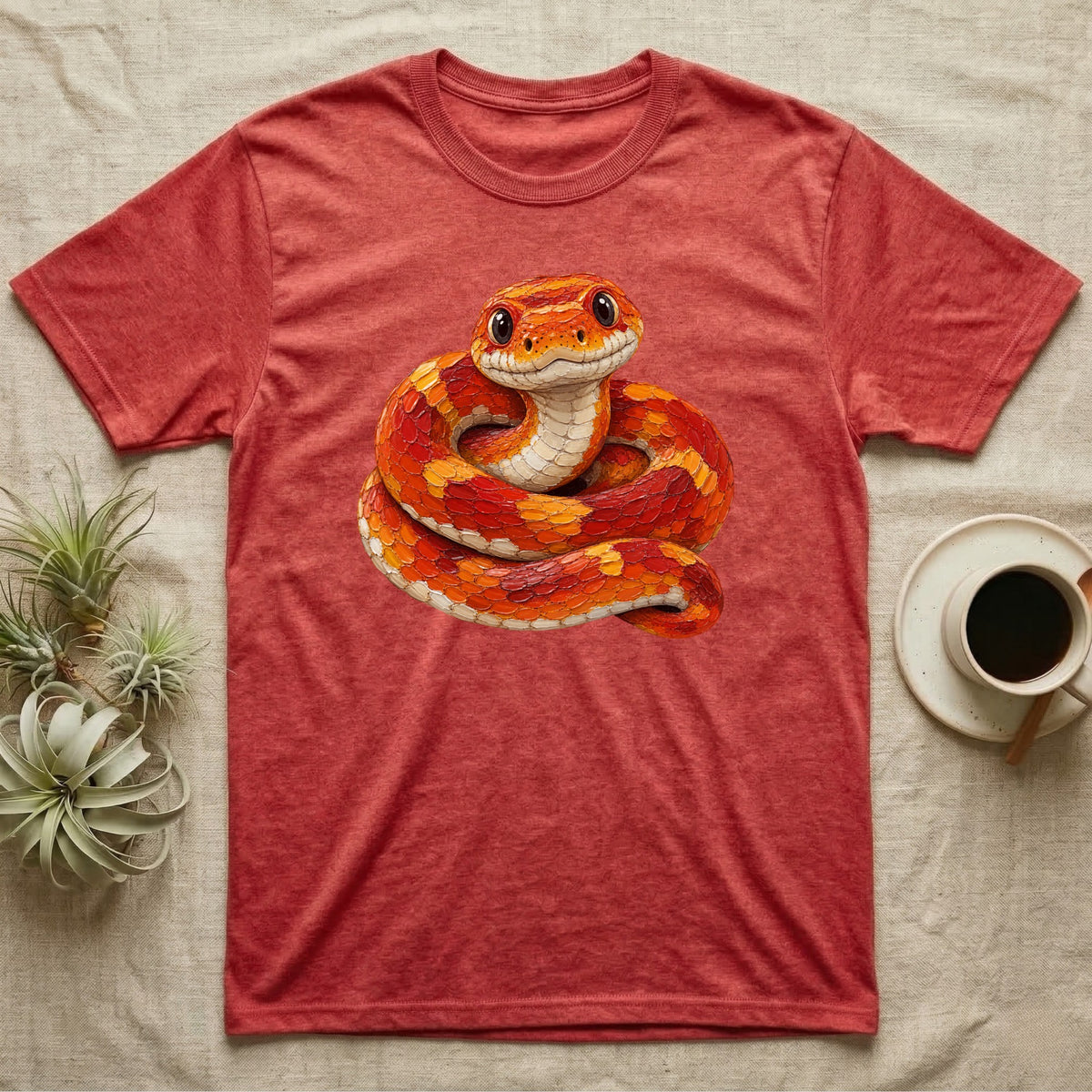Red t-shirt with a coiled orange and yellow snake graphic.