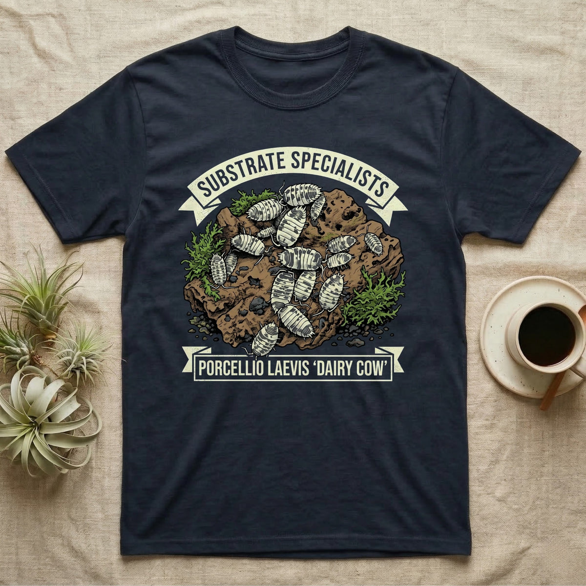 Dairy Cow Isopod Substrate Specialists T-Shirt in Navy — Vintage print of a dairy cow isopod colony on a mossy soil clod between "Substrate Specialists" banners.
