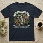 Dairy Cow Isopod Substrate Specialists T-Shirt in Navy — Vintage print of a dairy cow isopod colony on a mossy soil clod between "Substrate Specialists" banners.