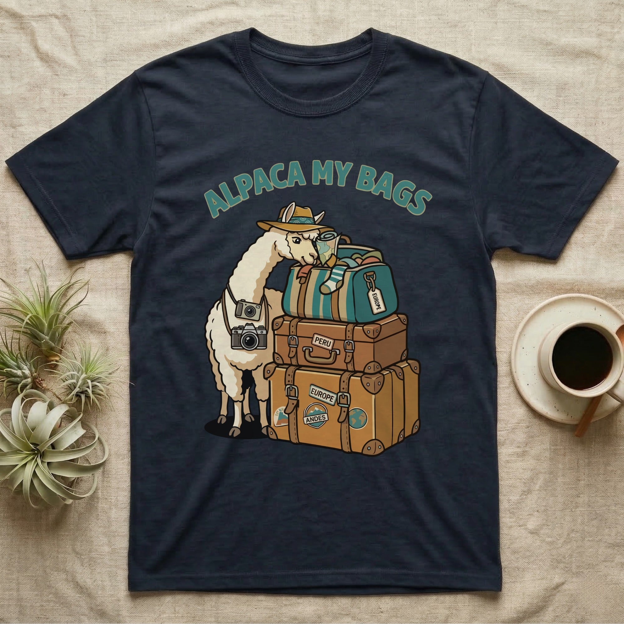 Alpaca wearing a hat and sunglasses, sitting on stacked luggage.