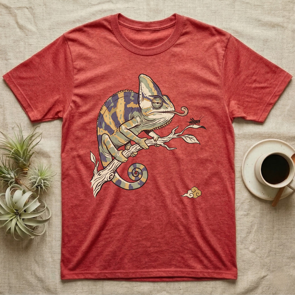 Veiled Chameleon Diet T-Shirt in Heather Red — Ukiyo-e woodblock illustration of a veiled chameleon extending its tongue, with a deadpan serif caption beneath the subject.