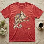 Veiled Chameleon Diet T-Shirt in Heather Red — Ukiyo-e woodblock illustration of a veiled chameleon extending its tongue, with a deadpan serif caption beneath the subject.