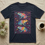 Dart Frog Disco Stripes T-Shirt in Navy — Three rainbow poison dart frog morphs stacked on a pink-and-cream candy-stripe field with scattered stars.