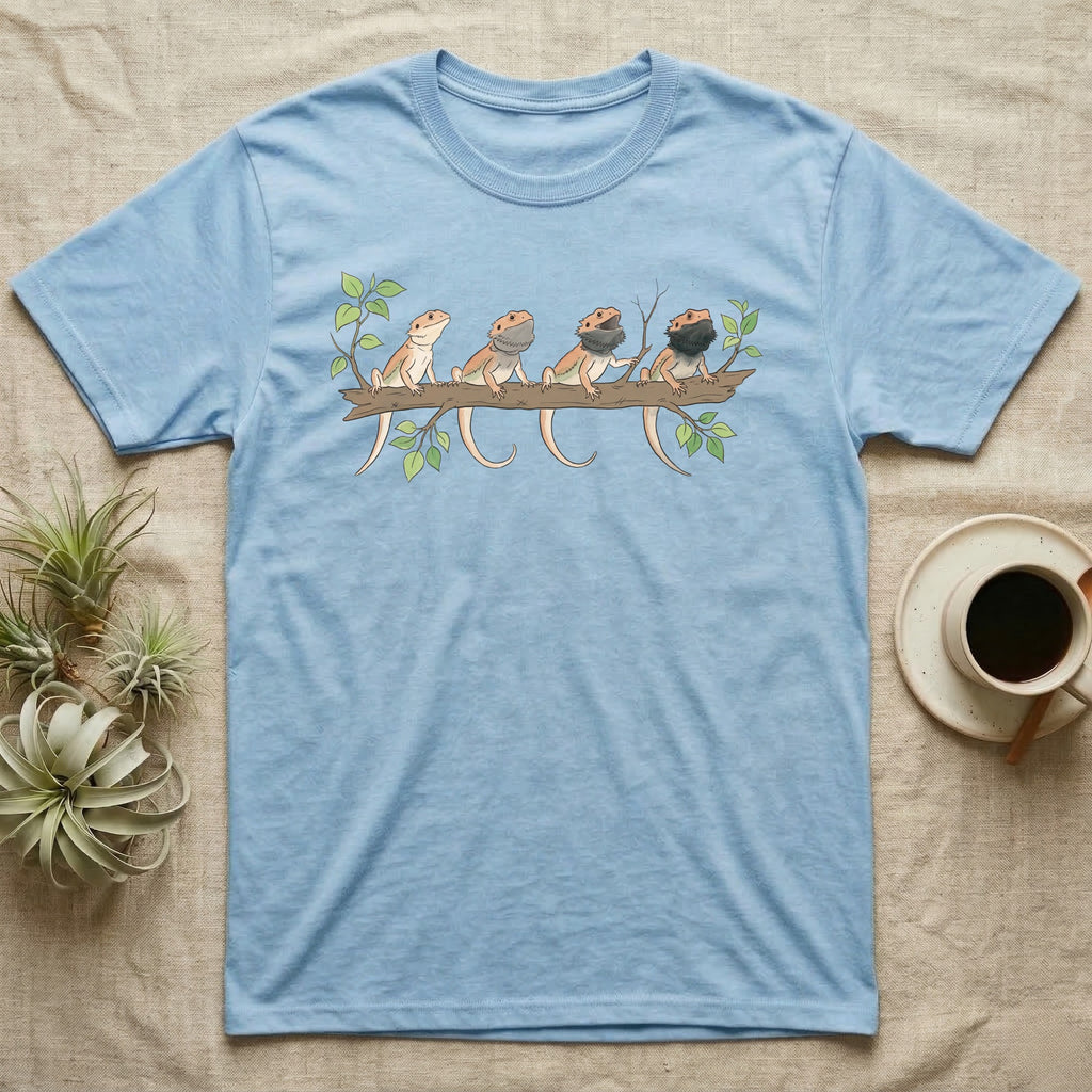 Bearded Dragon Beard States T-Shirt in Light Blue — Watercolour illustration of four bearded dragons on a branch, each with a different beard and mouth state.