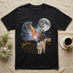 Cats breathing fire and shooting lasers at the moon on a rooftop.