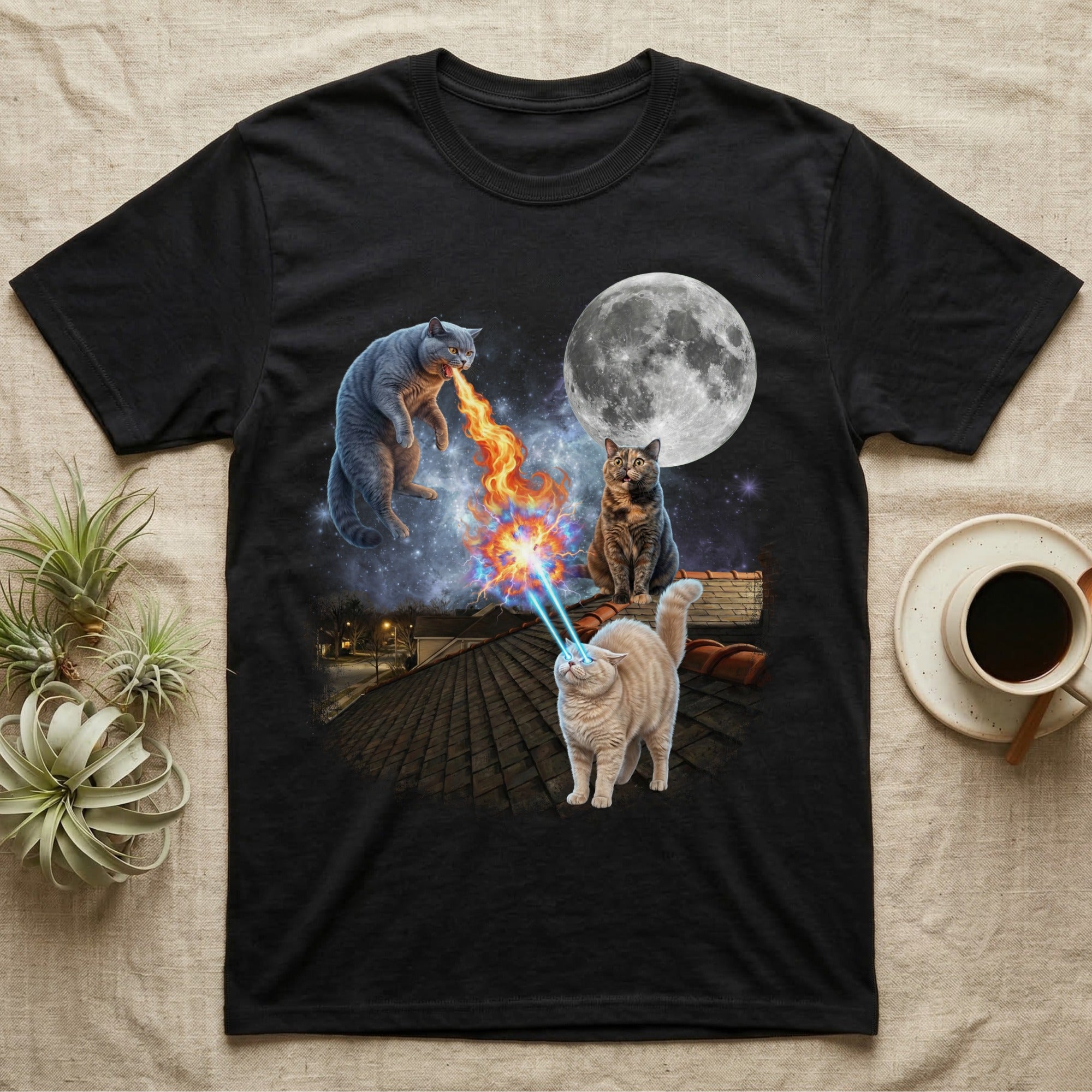 Cats breathing fire and shooting lasers at the moon on a rooftop.