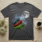 Green Iguana Moon Howl T-Shirt in Dark Heather — Three Green Iguana colour morphs howling at a full moon over a nebula on a dark grey t-shirt.