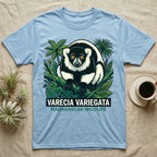 Light blue t-shirt with varecia variegata lemur graphic and "Madagascar Wildlife" text.