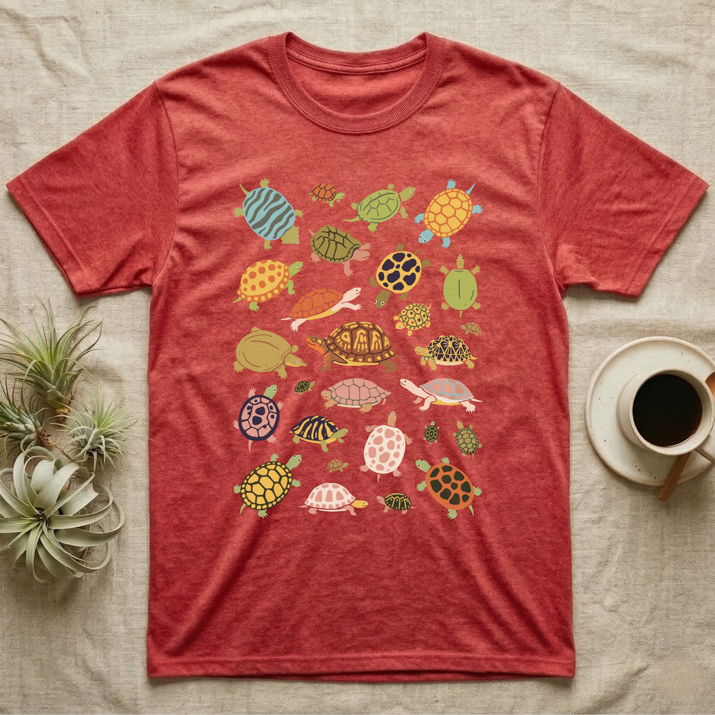 Box Turtle Specimen Plate T-Shirt in Heather Red — Twenty-five turtles and tortoises painted flat in chalky colour, scattered across grey, each facing a different way.