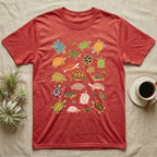 Box Turtle Specimen Plate T-Shirt in Heather Red — Twenty-five turtles and tortoises painted flat in chalky colour, scattered across grey, each facing a different way.