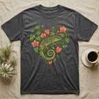 Dark grey t-shirt with a green gecko and coral flowers forming a heart.
