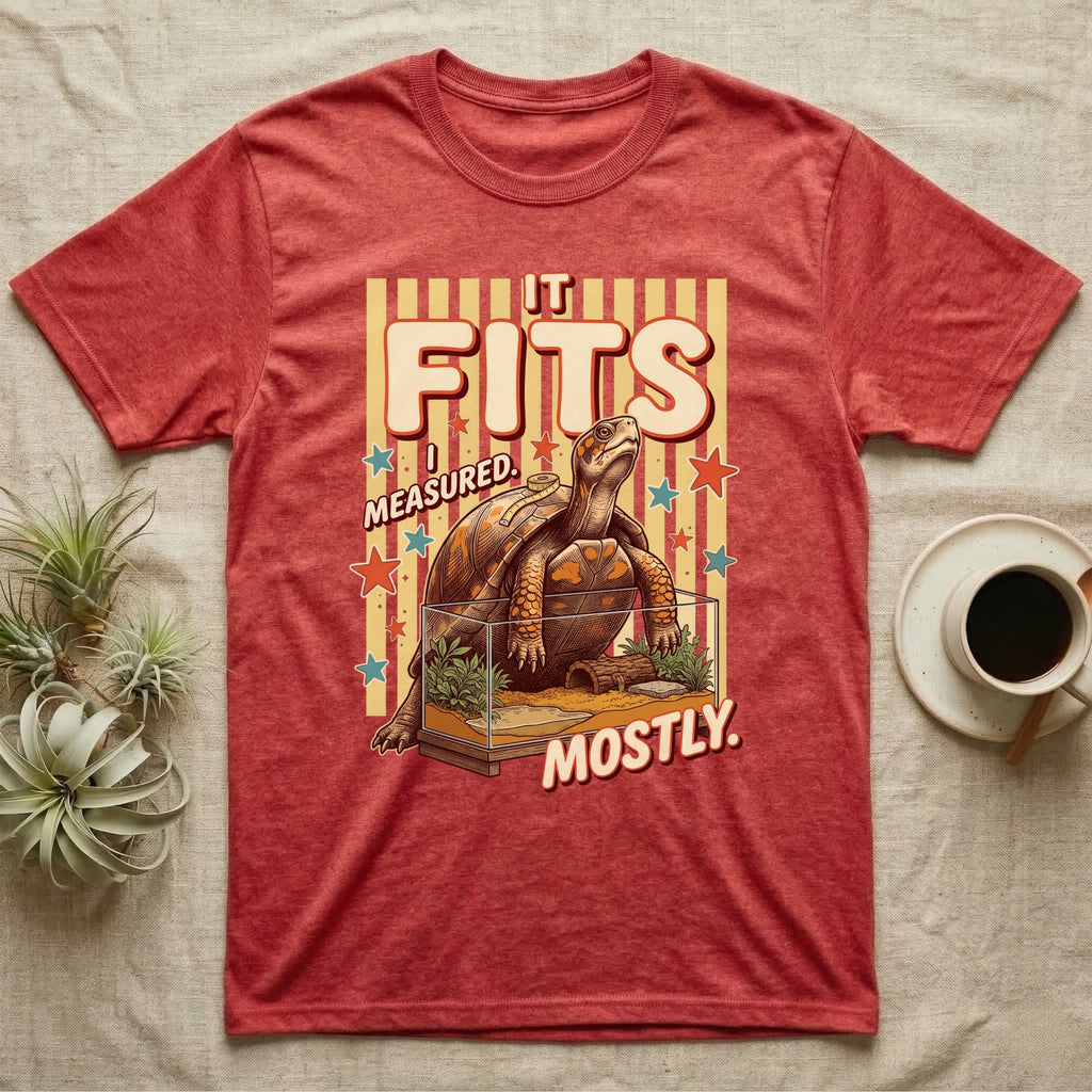 Box Turtle Enclosure Upgrade T-Shirt in Heather Red — Engraved box turtle sitting beside a huge planted glass terrarium under fat IT FITS club lettering.