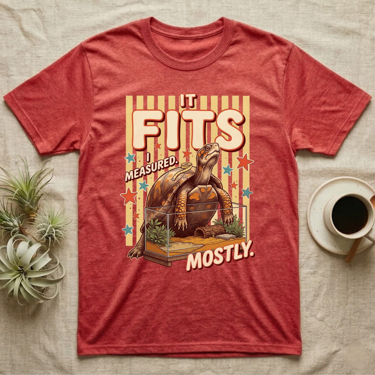 Box Turtle Enclosure Upgrade T-Shirt in Heather Red — Engraved box turtle sitting beside a huge planted glass terrarium under fat IT FITS club lettering.