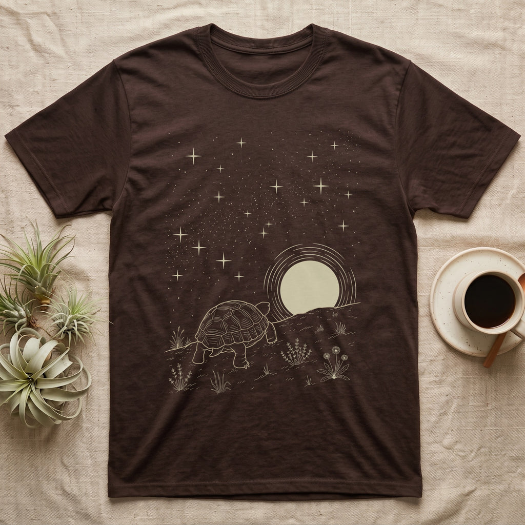 Russian Tortoise Moonlight T-Shirt in Dark Chocolate — Scratchboard-style Russian tortoise walking up a steppe ridge toward a setting moon under a starry sky