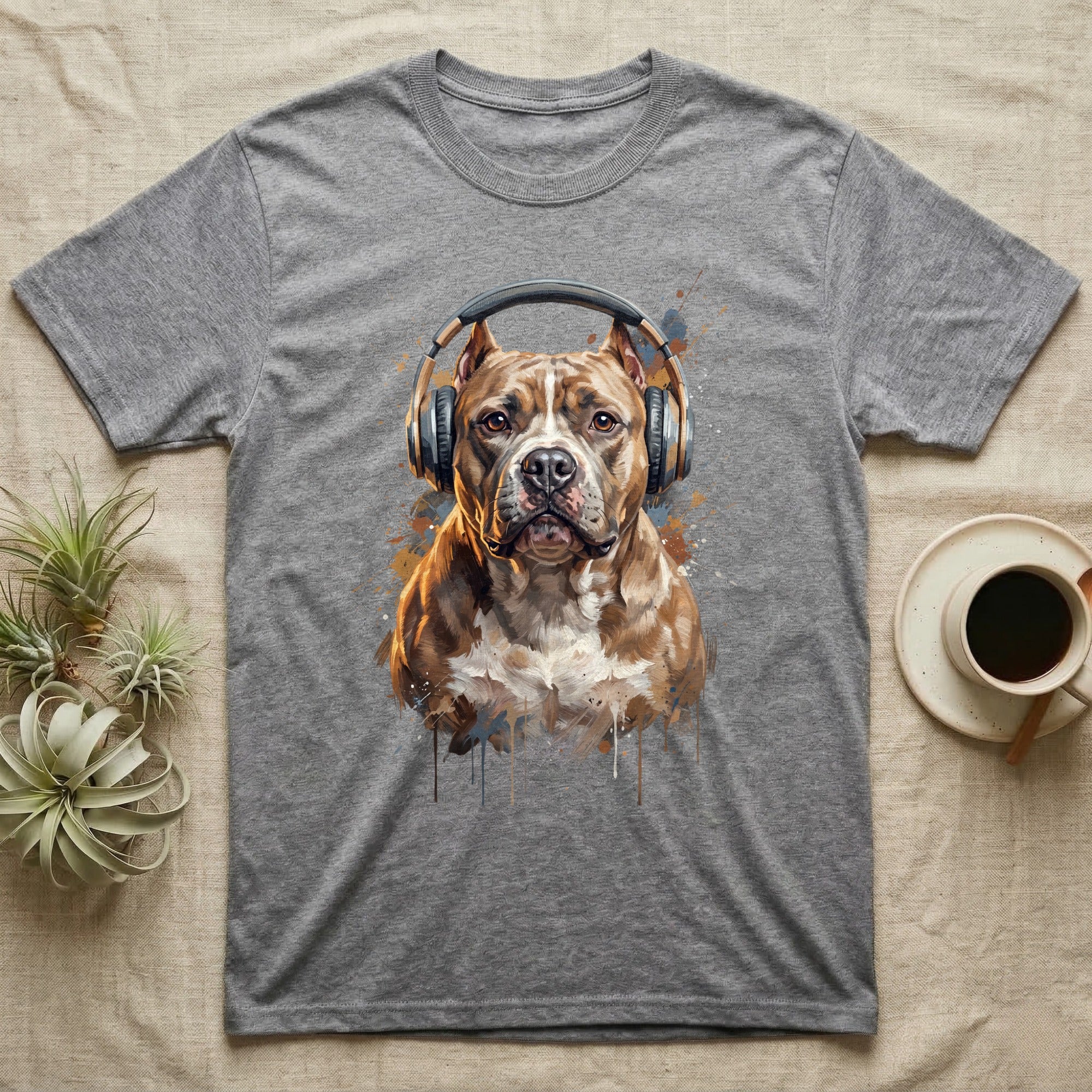 T-shirt with watercolor pit bull wearing headphones.