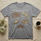 Herpetology 101 Reptile T-Shirt in Sport Grey — Vintage naturalist specimen plate of five terrarium animals arranged as a Herpetology 101 field-guide roster.
