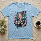 Light blue t-shirt with colorful abstract octopus wearing headphones.