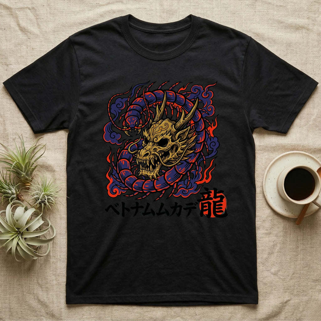 Black t-shirt with a golden dragon and Japanese text.