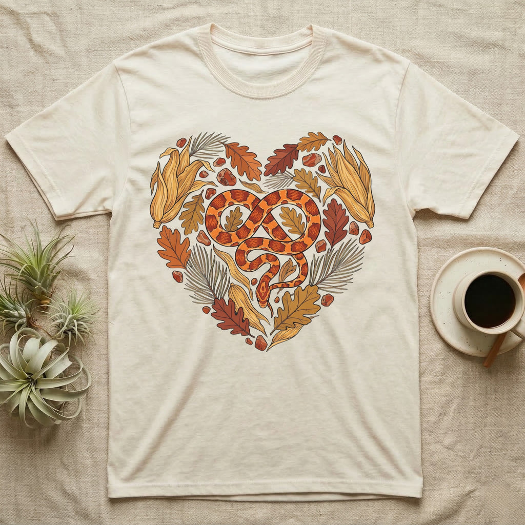 Cream t-shirt with heart-shaped snake and autumn leaf design.