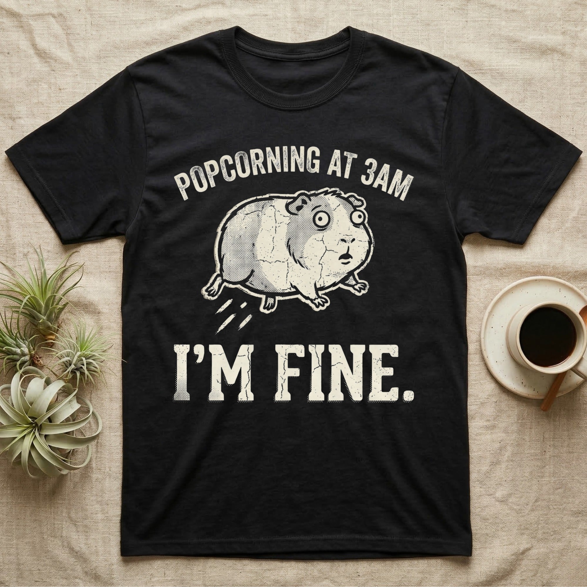 Guinea Pig Popcorning 3AM Tee in Black — Grunge-distressed guinea pig mid-popcorn with all four feet airborne and distressed type "Popcorning At 3AM I'm Fine."