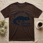 Leopard Gecko Spots T-Shirt in Dark Chocolate — Navy silhouette of a spotted leopard gecko walking under arched words Changed My Spots, beside They Said I Couldn't