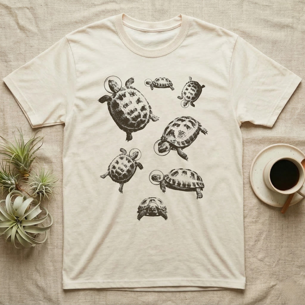 Russian Tortoise Space Helmets T-Shirt in Natural — One-ink screen print of seven Russian tortoises in rounded space helmets drifting at varied sizes.