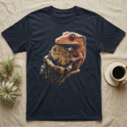 Illustration of a crested gecko gripping a weathered wooden stump in warm coral and terracotta tones, bold vintage-comic ink outlines, graphic-only, no text. — shown on a Navy tee.