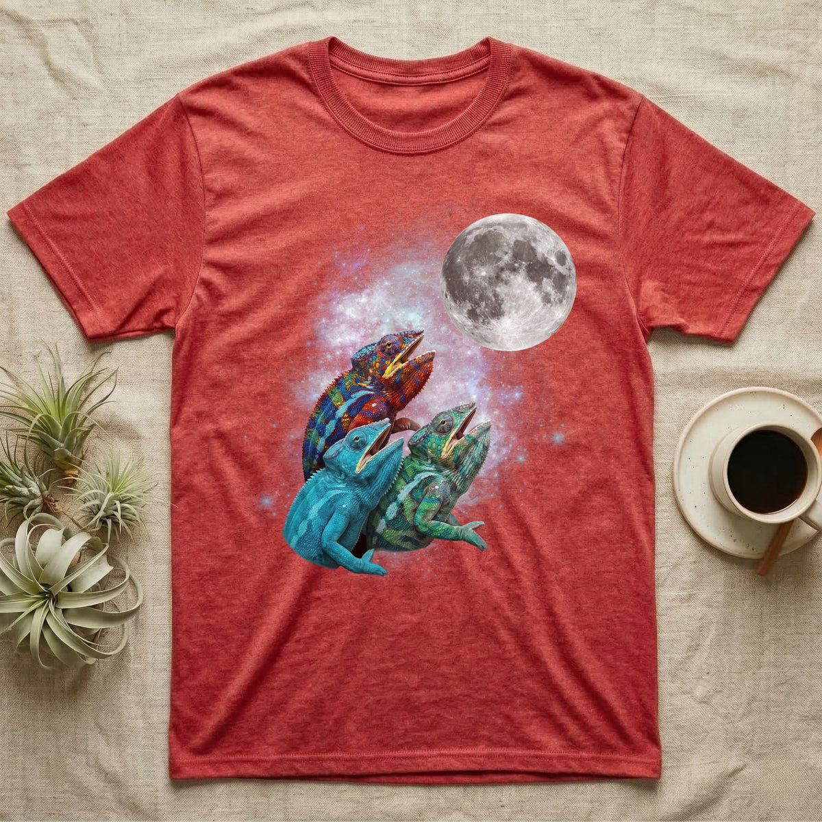Panther Chameleon Moon Howl T-Shirt in Heather Red — Three Panther Chameleon colour morphs howling at a full moon over a nebula on a dark grey t-shirt.