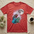 Panther Chameleon Moon Howl T-Shirt in Heather Red — Three Panther Chameleon colour morphs howling at a full moon over a nebula on a dark grey t-shirt.