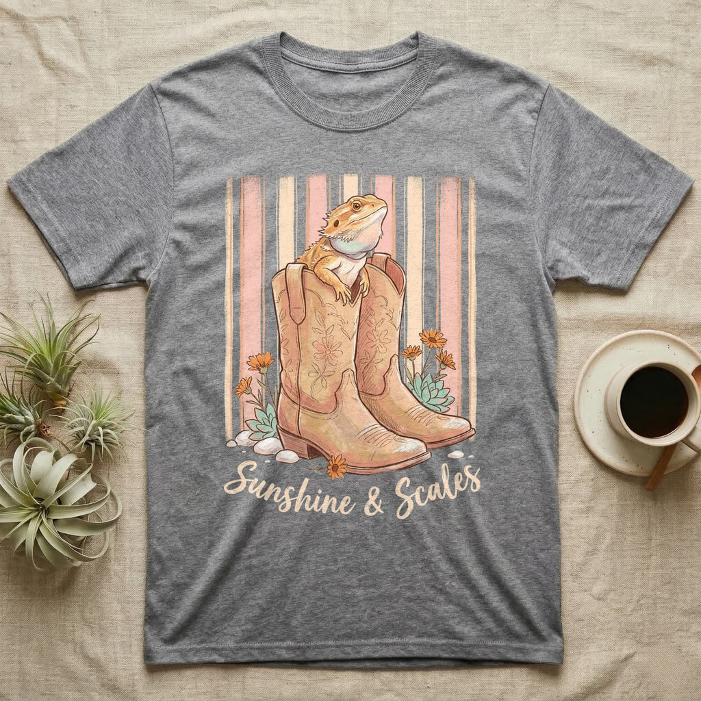 Gray t-shirt with cowboy boots, bearded dragon, and "Sunshine & Scales" text.
