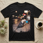 Blue Tongue Skink Detective T-Shirt in Black — Blue-tongued skink in a pinstripe suit and fedora holding a blue lollipop on a neon-lit rainy street.
