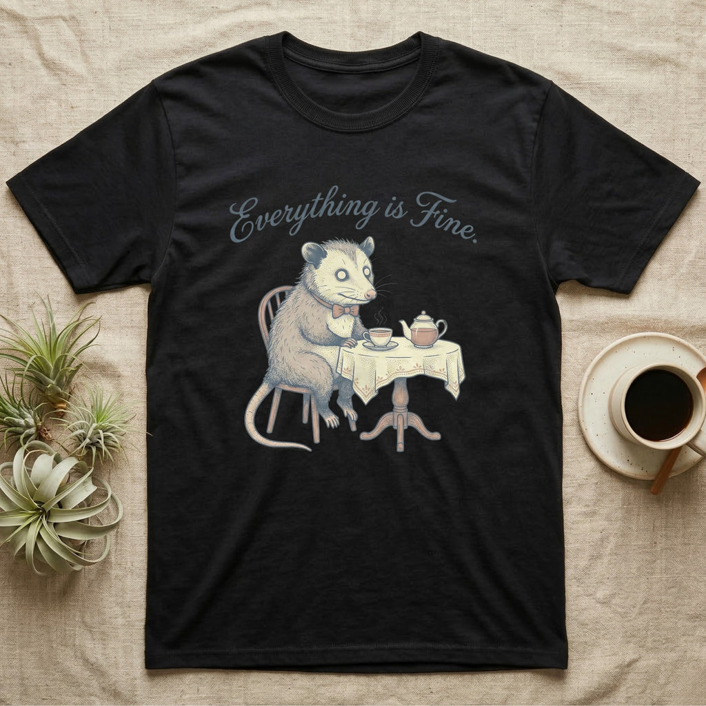 Opossum in a suit drinking tea at a table, text "Everything is Fine."