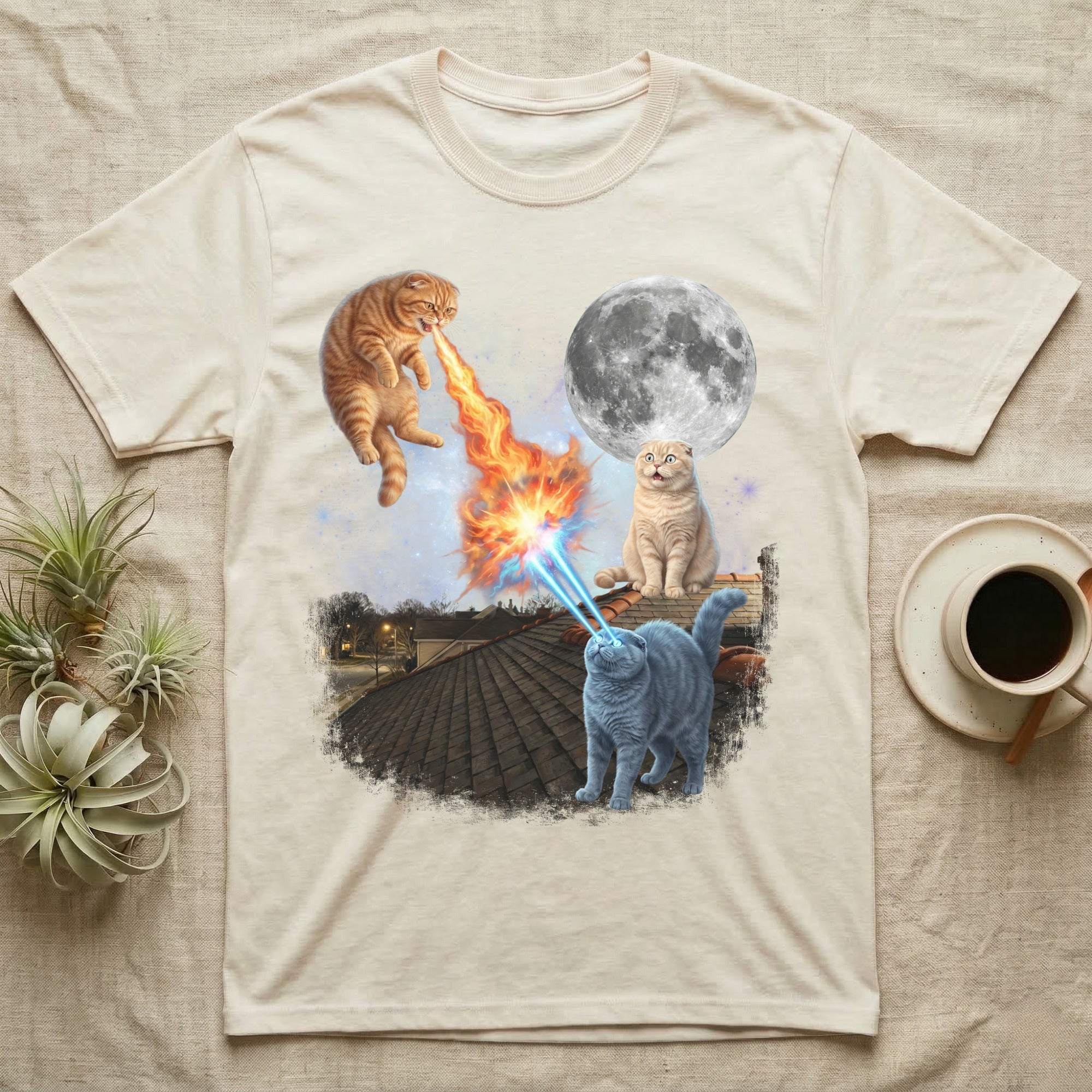Two cats, one orange, one blue, have a laser battle on a rooftop under a full moon.