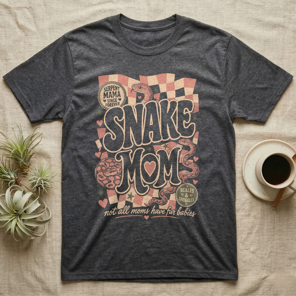 "Snake Mom" graphic tee with snakes, hearts, and checkered pattern.