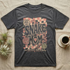 "Snake Mom" graphic tee with snakes, hearts, and checkered pattern.