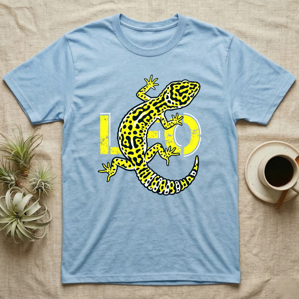 Light blue t-shirt with yellow and black leopard gecko design and "LO" text.