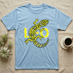 Light blue t-shirt with yellow and black leopard gecko design and "LO" text.