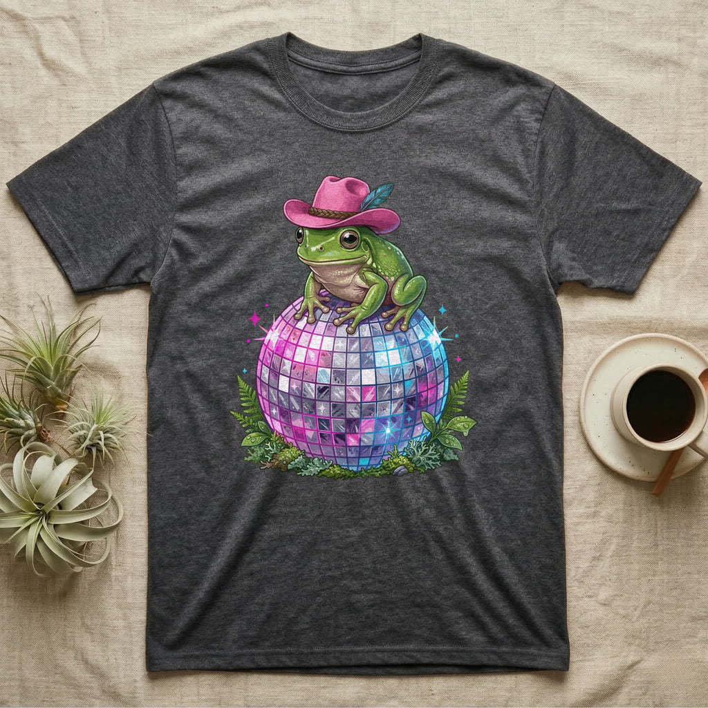Frog wearing a pink cowboy hat on a disco ball.