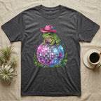 Frog wearing a pink cowboy hat on a disco ball.