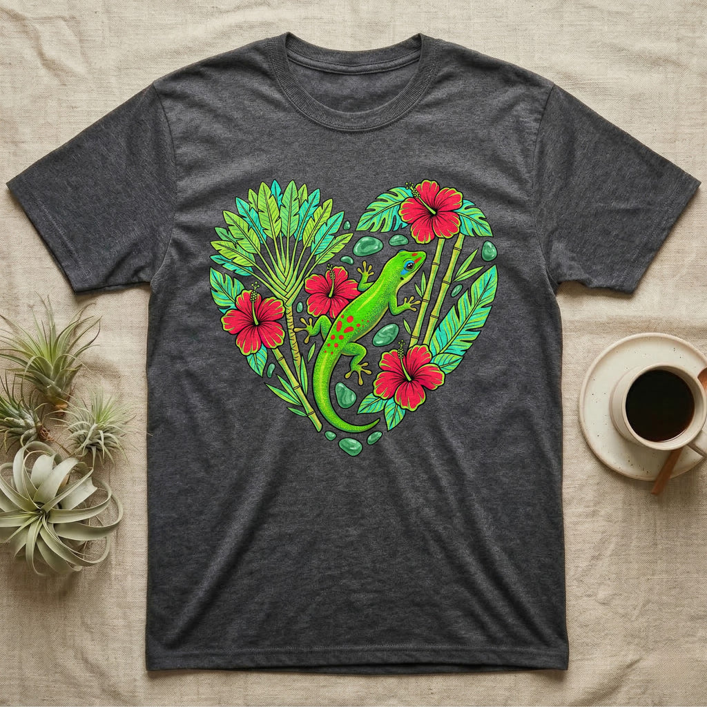 Dark grey t-shirt with a vibrant heart design of a green gecko, hibiscus flowers, and tropical leaves.
