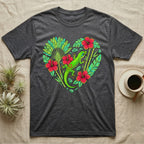 Dark grey t-shirt with a vibrant heart design of a green gecko, hibiscus flowers, and tropical leaves.