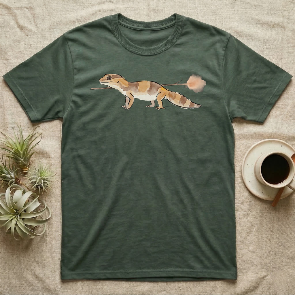 African Fat-Tailed Gecko Watercolour T-Shirt in Military Green — Watercolour African fat-tailed gecko in profile beneath a thin twig ending in a soft bloom, drawn with a broken ink line.