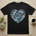 Black t-shirt with a heart-shaped iguana and floral design.