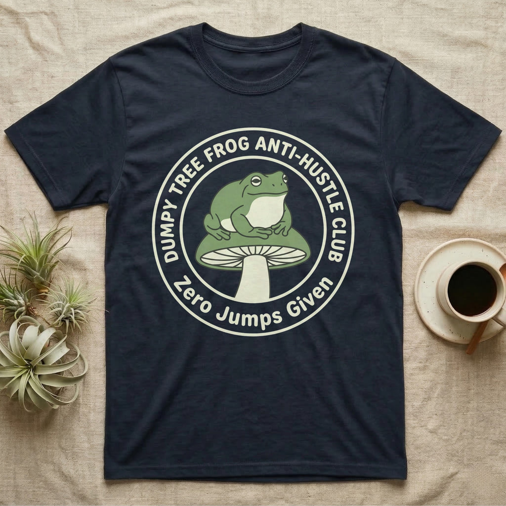 Dumpy Tree Frog Anti-Hustle Club t-shirt with zero jumps given.