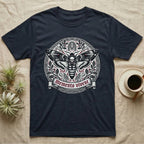 Dark t-shirt with a skull-faced moth and Memento Vivere text on a circular design.